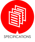 Specifications logo contains drawing of 3 sheets of paper